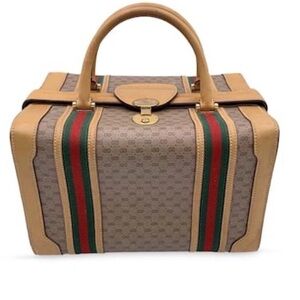 Gucci Vintage Beige Monogram Canvas Train Case Bag with Stripes